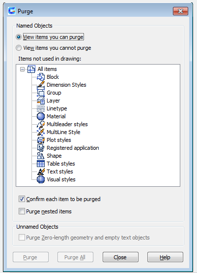 autocad purge command dialog box