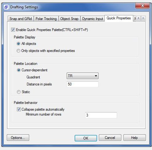 autocad command quickproperties -drafting settings