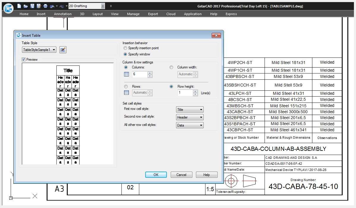 autocad command table