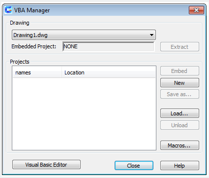 autocad command vbarun - vba manager dialog box